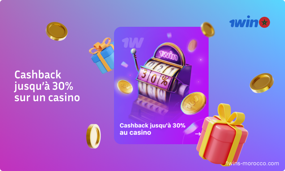 1win Casino offre aux joueurs marocains jusqu'à 30 % de cashback sur les pertes du casino, sur la base de la somme de tous les paris sur les machines à sous effectués pendant la semaine, le pourcentage et le montant maximum du cashback étant déterminés par l'étendue des paris