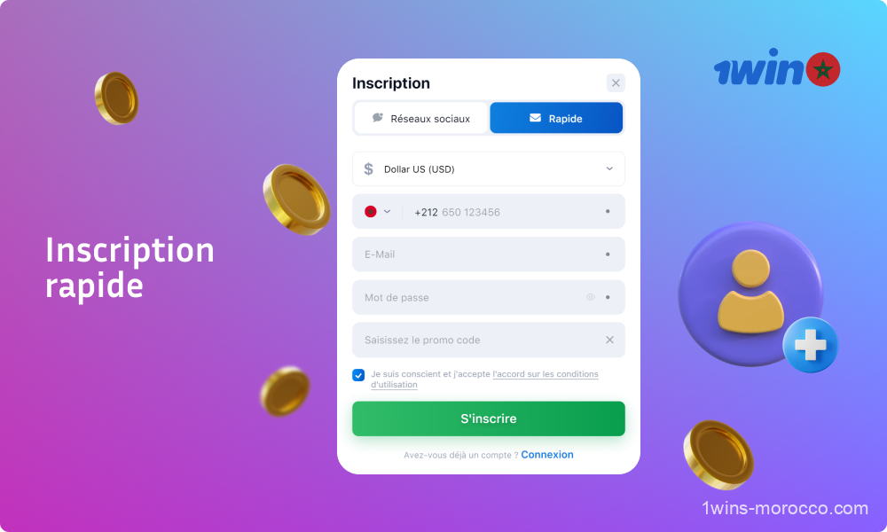 Une inscription rapide sur le site 1win permet aux utilisateurs marocains de créer un compte en fournissant une adresse électronique, un numéro de téléphone, en sélectionnant une devise et un pays, et en créant un mot de passe