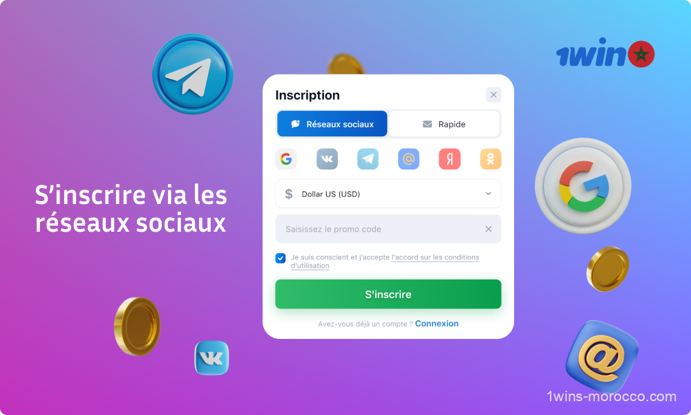 Les joueurs de casino du Maroc peuvent créer un compte 1win en s'inscrivant via les plateformes de médias sociaux