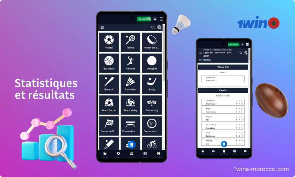 Dans l'application 1win pour Android et iOS, les parieurs peuvent analyser les matchs à venir à l'aide de deux onglets Statistiques et Résultats
