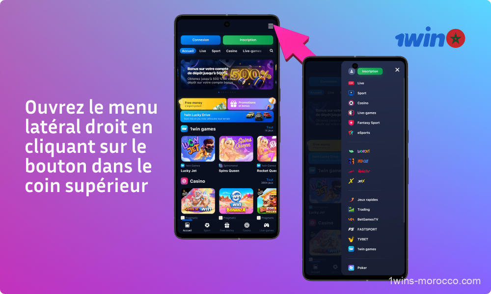 Pour télécharger le fichier d'installation de l'application 1win, les joueurs marocains doivent ouvrir le menu de droite du site en cliquant sur le bouton dans le coin supérieur