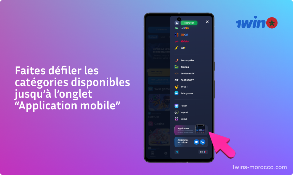 Le menu du site mobile 1win doit être déroulé jusqu'à l'onglet Mobile App pour télécharger le fichier d'installation APK.